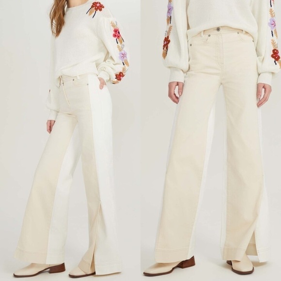 Something Navy Two-Toned Wide Leg Denim with Slits - Picture 1 of 12